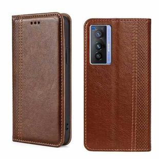 For vivo X70 Grid Texture Magnetic Flip Leather Phone Case(Brown)