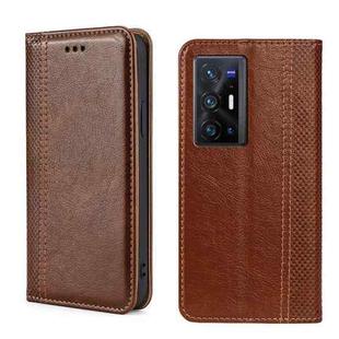 For vivo X70 Pro+ Grid Texture Magnetic Flip Leather Phone Case(Brown)