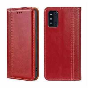 For Samsung Galaxy F52 5G Grid Texture Magnetic Flip Leather Phone Case(Red)