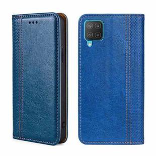 For Samsung Galaxy M12/F12 Grid Texture Magnetic Flip Leather Phone Case(Blue)
