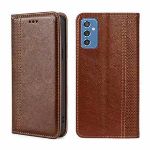 For Samsung Galaxy M52 5G Grid Texture Magnetic Flip Leather Phone Case(Brown)