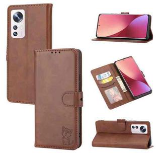 For Xiaomi 12 Pro Embossed Happy Cat Pattern Leather Phone Case(Brown)