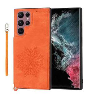 For Samsung Galaxy S22 Ultra Mandala Embossed PU + TPU Phone Case with Holder(Orange)