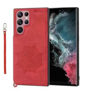 For Samsung Galaxy S22 Ultra Mandala Embossed PU + TPU Phone Case with Holder(Red)