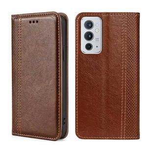 For OnePlus 9RT 5G Grid Texture Magnetic Flip Leather Phone Case(Brown)