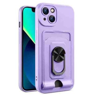 For iPhone 13 mini Ring Kickstand Card Wallet TPU Phone Case (Purple)