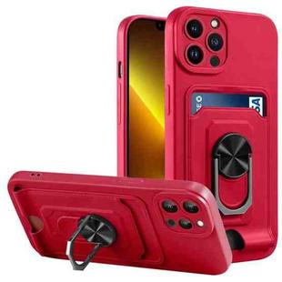 For iPhone 13 Pro Ring Kickstand Card Wallet TPU Phone Case (Red)
