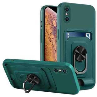 For iPhone XR Ring Kickstand Card Wallet TPU Phone Case(Night Green)