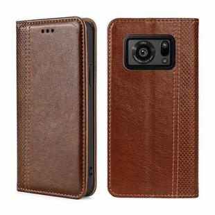 For Sharp Aquos R6 Grid Texture Magnetic Flip Leather Phone Case(Brown)