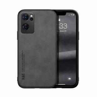 For OPPO Reno7 5G Skin Feel Magnetic Leather Back Phone Case(Dark Grey)