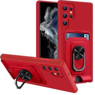 For Samsung Galaxy S22 Ultra 5G Ring Kickstand Card Wallet TPU Phone Case(Red)