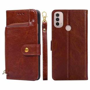 For Motorola Moto E40 Zipper Bag PU + TPU Horizontal Flip Leather Case(Brown)