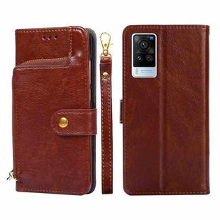 For vivo X60 Pro Global Version/X60 Curved Screen Zipper Bag PU + TPU Horizontal Flip Leather Phone Case(Brown)