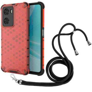 For OPPO A57 4G Global Lanyard Honeycomb Phone Case(Red)