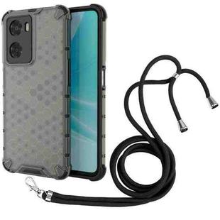 For OPPO A57 4G Global Lanyard Honeycomb Phone Case(Black)