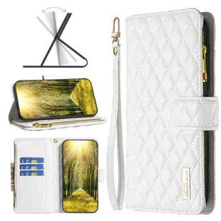 For Motorola Moto E32 4G Diamond Lattice Zipper Wallet Leather Flip Phone Case(White)