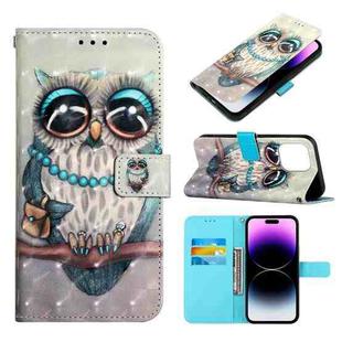 For iPhone 14 Pro Max 3D Painting Horizontal Flip Leather Phone Case (Grey Owl)