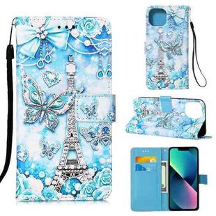 For iPhone 14 Painted Flat Texture Leather Case with Lanyard & Card Slot & Wallet & Holder (Tower Butterfly)