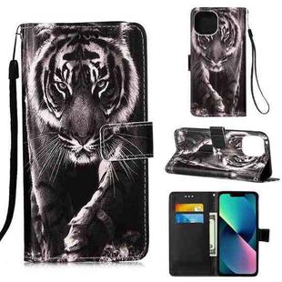 For iPhone 14 Painted Flat Texture Leather Case with Lanyard & Card Slot & Wallet & Holder (Black White Tiger)