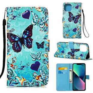 For iPhone 14 Painted Flat Texture Leather Case with Lanyard & Card Slot & Wallet & Holder (Love Butterfly)