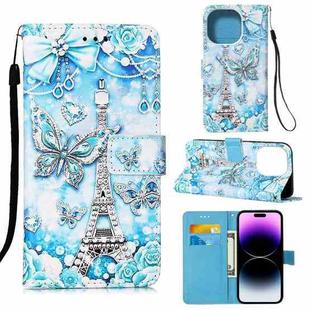 For iPhone 14 Pro Painted Flat Texture Leather Case with Lanyard & Card Slot & Wallet & Holder(Tower Butterfly)