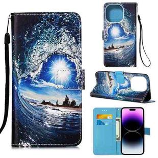For iPhone 14 Pro Max Painted Flat Texture Leather Case with Lanyard & Card Slot & Wallet & Holder (Waves Sun)