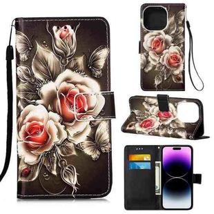 For iPhone 14 Pro Max Painted Flat Texture Leather Case with Lanyard & Card Slot & Wallet & Holder (Roses On Black)