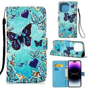 For iPhone 14 Pro Max Painted Flat Texture Leather Case with Lanyard & Card Slot & Wallet & Holder (Love Butterfly)