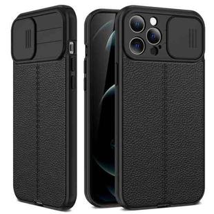 For iPhone 14 Plus Litchi Texture Sliding Camshield TPU Protective Phone Case (Black)