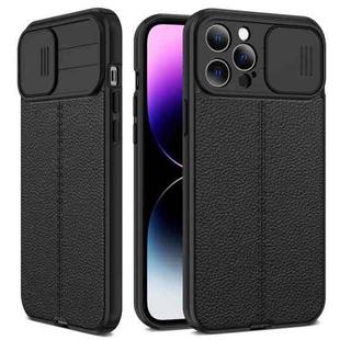 For iPhone 14 Pro Max Litchi Texture Sliding Camshield TPU Protective Phone Case (Black)
