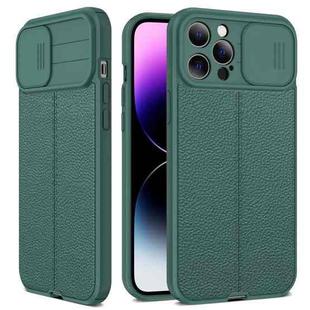 For iPhone 14 Pro Max Litchi Texture Sliding Camshield TPU Protective Phone Case (Dark Green)