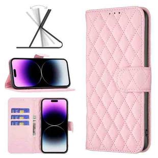 Diamond Lattice Wallet Leather Flip Phone Case For iPhone 14 Pro(Pink)