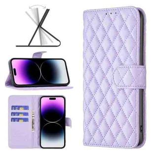 Diamond Lattice Wallet Leather Flip Phone Case For iPhone 14 Pro(Purple)