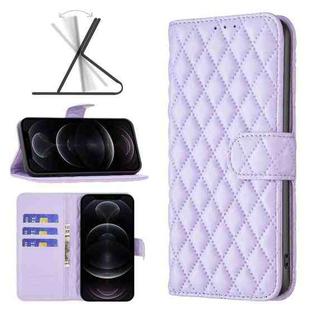 For iPhone 12 / 12 Pro Diamond Lattice Wallet Leather Flip Phone Case(Purple)