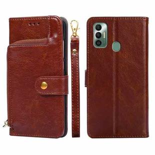 For Tecno Spark 7 Zipper Bag Leather Phone Case(Brown)