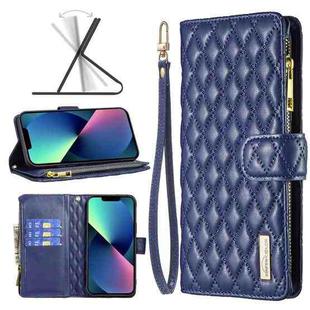 For iPhone 14 Diamond Lattice Zipper Wallet Leather Flip Phone Case (Blue)