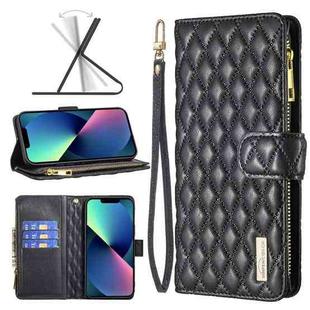 For iPhone 14 Diamond Lattice Zipper Wallet Leather Flip Phone Case (Black)