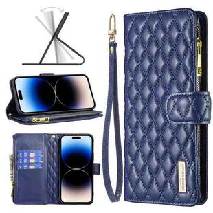 For iPhone 14 Pro Max Diamond Lattice Zipper Wallet Leather Flip Phone Case (Blue)