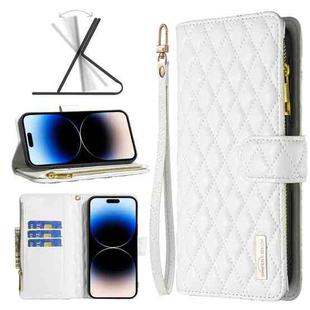 For iPhone 14 Pro Max Diamond Lattice Zipper Wallet Leather Flip Phone Case (White)