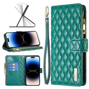 For iPhone 14 Pro Max Diamond Lattice Zipper Wallet Leather Flip Phone Case (Green)