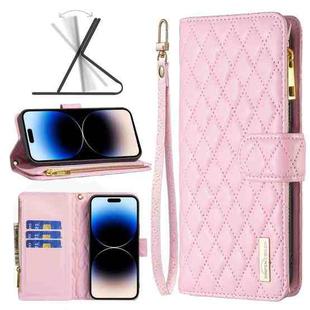 For iPhone 14 Pro Max Diamond Lattice Zipper Wallet Leather Flip Phone Case (Pink)