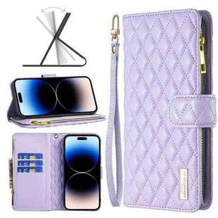 For iPhone 14 Pro Max Diamond Lattice Zipper Wallet Leather Flip Phone Case (Purple)