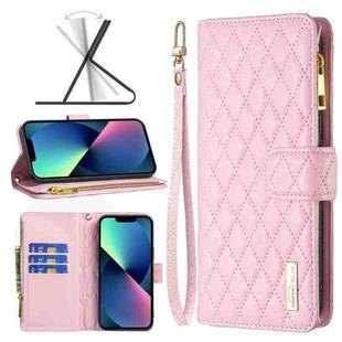 For iPhone 13 mini Diamond Lattice Zipper Wallet Leather Flip Phone Case (Pink)