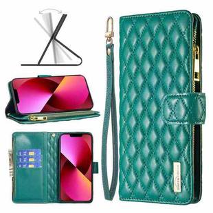 For iPhone 13 Diamond Lattice Zipper Wallet Leather Flip Phone Case(Green)