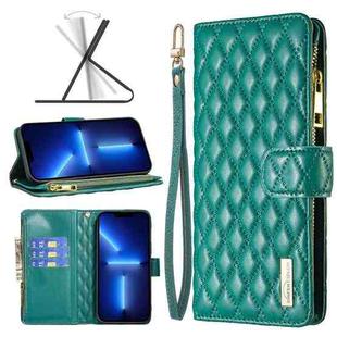 For iPhone 13 Pro Max Diamond Lattice Zipper Wallet Leather Flip Phone Case (Green)