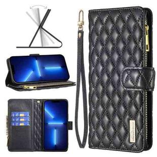For iPhone 13 Pro Max Diamond Lattice Zipper Wallet Leather Flip Phone Case (Black)