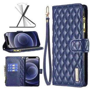 For iPhone 12 mini Diamond Lattice Zipper Wallet Leather Flip Phone Case (Blue)