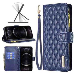 For iPhone 12 / 12 Pro Diamond Lattice Zipper Wallet Leather Flip Phone Case(Blue)