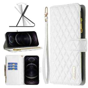 For iPhone 12 / 12 Pro Diamond Lattice Zipper Wallet Leather Flip Phone Case(White)