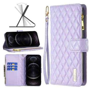 For iPhone 12 / 12 Pro Diamond Lattice Zipper Wallet Leather Flip Phone Case(Purple)